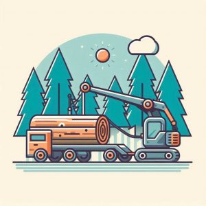 Ilustración de una escena de tala de árboles con un camión y un excavador en un entorno forestal.