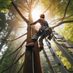 Trabajador trepando por un árbol vertical con cuerda, escalera y herramientas de seguridad.